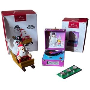 Hallmark Frosty the Snowman Sleigh 2024 and Music Box Set 2023 Ornaments NIB